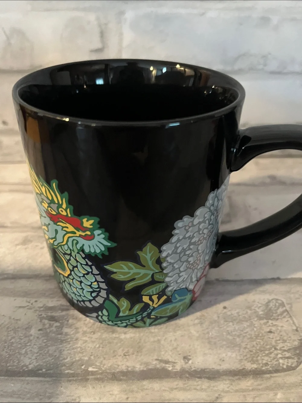 William Sonoma Dragon coffee mug 12 oz black bright color Schumacher